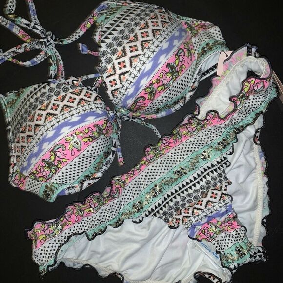 Victoria's Secret 34A BIKINI RUFFLE Cheeky LOT Black Mint chevron blue paisley - Picture 5 of 7